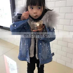 Fashion Casual Denim Jacket Raccoon Fur Collar Real Rabbit Fur Lining Cute Child Coat thumbnail-1