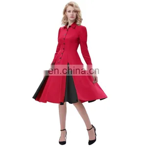 Belle Poque Victorian Style Long Sleeve Shirt Collar Contrast Color Red Retro Vintage Swing Dress BP000366-2 thumbnail-2