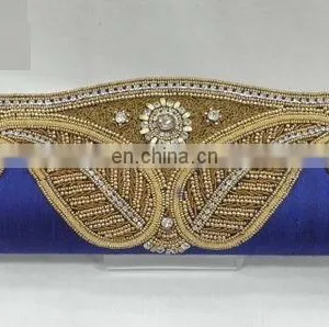Blue Crystal Golden Embroidery Evening Bridal Purse Clutch Bag thumbnail-1