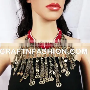 Belly Dance Vintage 1960s Afghani Old Necklace - Kuchi Tribal Necklace - Designer Boho Turkmen Beaded Jewelry thumbnail-2