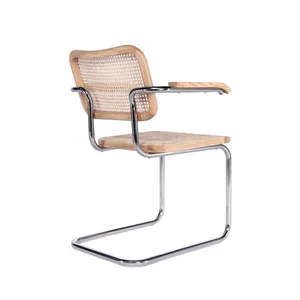 Mid-Century Modern Cesca Armchair, Marcel Breuer Replica Rattan Dining Chair With Polished Chrome Steel Frame for Commercial & Home Use thumbnail-3