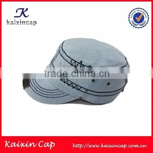 Customize Fashion Flat Top Blank Military Cap Custom Tone Washed Denim Cap thumbnail-1