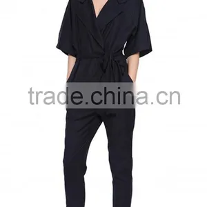 Women V Neck Belted Short Sleeve Stripe Regular Fit Jumpsuit thumbnail-3