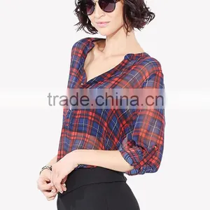 Women's Basic Classic Lightweight Collar Plaid Chiffon Shirt thumbnail-5
