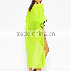 Summer Beach Style Women Beachwear Cover Up Beach Ladies Sexy Contrast Trim Long Beach Kimono Style Swimwear thumbnail-6