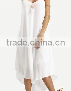 2016 Beach Wear White Spaghetti Strap Tassel Backless Sleeveless V Neck Asymmetrical High Low Midi Dress thumbnail-3