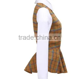 2015 Fashion Cotton Check Chiffon Ruffle Bottom Long Sleeves Direct Manufacturer High Quality Big Sleeve Blouse thumbnail-3