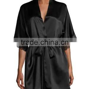 Wholesale & Custom Short Kimono Robe, Wrap Front Silk Satin Robe, Lace Trim Short Robe thumbnail-1