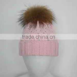 Myfur Elegant White Knitted Beanie Hat With Natural Raccoon Fur Pom Poms thumbnail-2