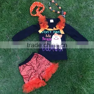 Halloween Gost Sequins Short Outfits Girls Print Suit Long Sleeves Top Set With Matching Necklace and Headbans Set thumbnail-1