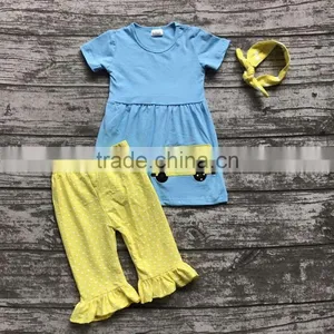Back to School 3-8years Old Girls Outfit Clothes School Bus Clothing Aqua Yellow Ruffles Cotton Capris With Matching Accessories thumbnail-1