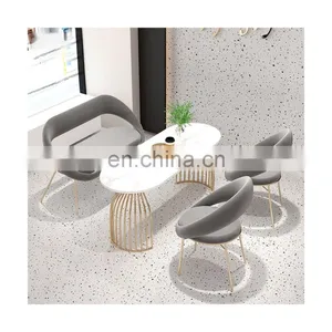 Beauty Hair Salon Gold Metal Frame Waiting Velvet Leather Living Room Sofa For Reception thumbnail-1
