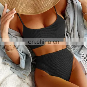 New Solid Color Spiral Pit Strip U-shaped High Waist Bikini Sexy Swimsuit Swimsuit Women thumbnail-3