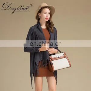 Latest Design Ladies Poncho With Tassel Solid Color Long Sleeves Cashmere Knitted Sweater for Autumn Short Length With Logo Back thumbnail-1