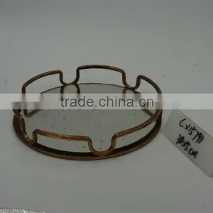 Small Golden Painted Round Metal Mirror Tray thumbnail-1