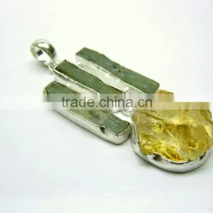 Green Kyanite & Citrine Rough Gemstone Pendant, 925 Solid Sterling Silver Pendant, Designer Raw Bezel Pendant thumbnail-1