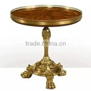 Vintage Natural Wood Carved Coffee Table With Brass Pedestal Handmade Marquetry Round Side Table Castle Living Room Furniture thumbnail-1