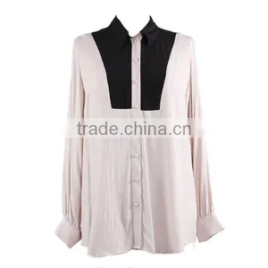 Direct Factory Supply Long Sleeve White Black Contrast Simple Design Elegant Chiffon Blouse for Middle Aged Women thumbnail-5
