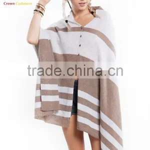 Cashmere Wool Knitted Poncho Shawls With Buttons Stripe Color Block Shawl thumbnail-1
