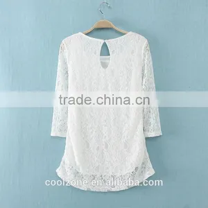 Elegant White Basic Woman Blouse Fashion Sheer Crochet Lace Blouse 2015 thumbnail-5