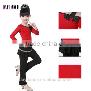 Children Kids Long Sleeve Gymnastics Shirt Pants Suit Girls Dew Shoulder Bowknot Unequal Latin Practice Dance Costumes thumbnail-1
