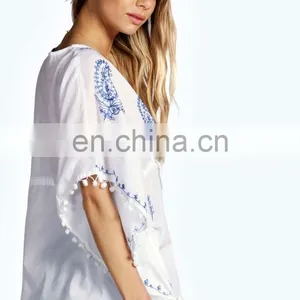 2015 Wholesale EMBROIDERED POM POM TRIM KAFTAN Slim Embroidered Poncho/ Short Kaftan For Women Summer Wear thumbnail-2