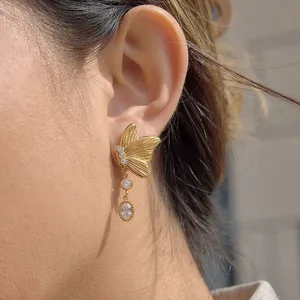 Gold Plated Stainless Steel Butterfly Drop Earrings for Women CZ Stone Dangle Earrings Waterproof Hypoallergenic Jewelry Wholesale thumbnail-3