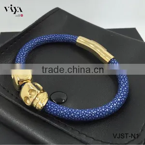 2016 New Arrival Twins Skull Blue Leather Bracelet With 18k Gold For Mens Watches Genuine Stingray Leather Skin thumbnail-1