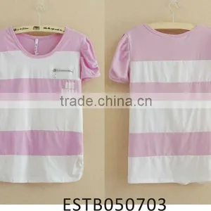 Ladies 100% Cotton Stripe Puff Sleeve T-shirt thumbnail-1