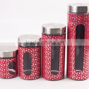 4 Pcs Set Red Round Glass Jar With Stainless Steel Lid thumbnail-1
