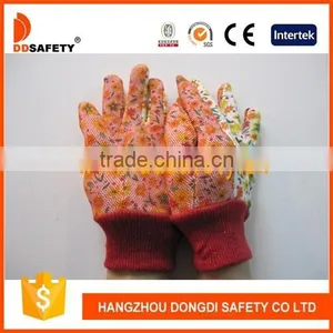 Flower Cotton Back Mini Dots on Palm Three Ribs Back Red Knit Wrist Garden Gloves(DGS301) thumbnail-1