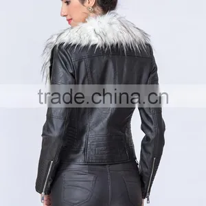 New Fashion Clothing Manufacturers Premium Women PU Jacket With Fur Collar thumbnail-4