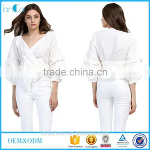 2017 New Fashion Solid Tie Belt Puff Sleeve Tops thumbnail-1