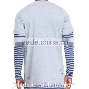 Crew Neck Tees Sleeve Color Block Stripe Layer Men's Longline t Shirt thumbnail-3