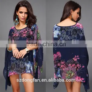 Women Clothing 2016 Fashion Bohemian Flower Print Women Top Batwing Sleeve Chiffon Vintage Style Summer Women Blouse Plus Size thumbnail-3
