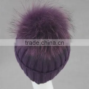 Myfur Fashion Style Diamond Ladies Wool Knitted Beanie Hat With Real Raccoon Fur Pom Pom thumbnail-5