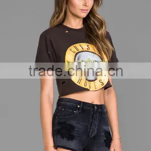 Intentional Holes Throughout Raw Cut Hem Crop T-shirts thumbnail-2