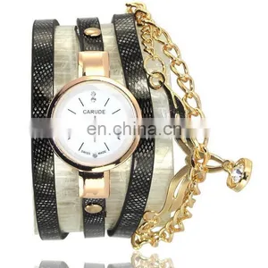 Rhombus Design Leather Charms Chain 3 Rolls Wrap Leather Bracelet Watch thumbnail-1