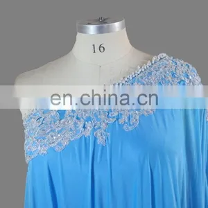 Fashion Blue One Shoulder Lace Hem Pearl Beads 2017 Plus Size Muslim Evening Dress thumbnail-4
