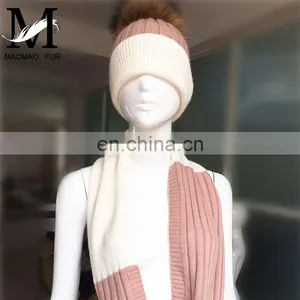 Thick Soft Shawl Fashion Winter Raccoon Fur Pom Hats Long Collar Scarf Hat Glove Sets thumbnail-1
