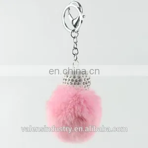 New Design Custom Faux Rabbit Fur Pom Pom Ball Keychain With Crystal Decorated for Girls' Gift Bag Accessories Car Pendant thumbnail-1