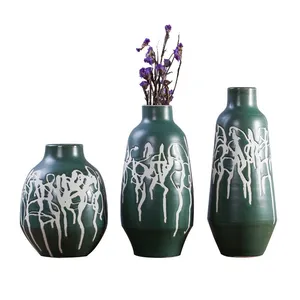 Dark Green Hand Carve Irregular Line Creative Ceramic Flower Vase Pot For Plant Decor thumbnail-5