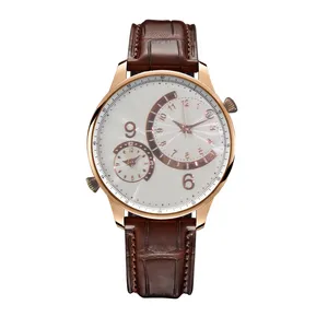 Stainless Steel Case Man Watches Genuine Leather Dual Time Quartz Watch thumbnail-4