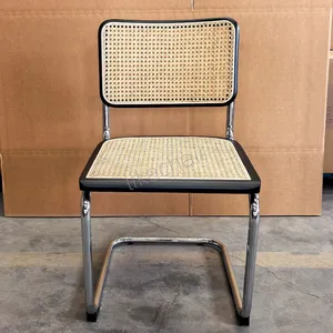 Breuer Style Rattan Dining Chair, Modern Cane Back Side Chair With Chrome Cantilever Frame for Home & Commercial Use thumbnail-4