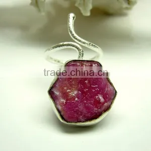 Ruby Raw Gemstone Ring, Red Ruby Rough Gemstone Ring, Natural Ruby Sterling Silver Matt Finish Ring thumbnail-1
