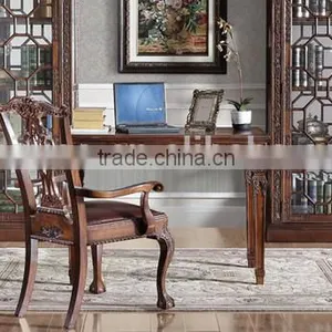 Replicated Office Table With Retro Painting, Noble Classic Wood Carving Reading Table With Chair, Graceful Home Office Furniture thumbnail-3