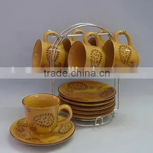 Set of 6 Hand Printing Ceramic Tea Mug Set With Rack thumbnail-1