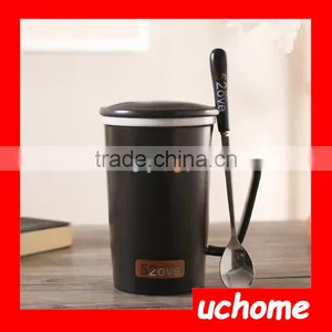 UCHOME Black And White Ceramic Couple Milk Mug Cups With Lid And Spoon thumbnail-5