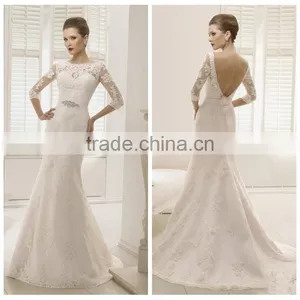 White Muslim Boat Neck Openback Simple Long Sleeve Wedding Dress thumbnail-1