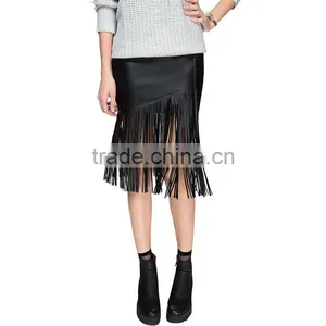 MGOO New Arrival OEM Services Women Black Faux Leather Midi Slinky Skirts With Tassels Bottom 15145A033 thumbnail-2